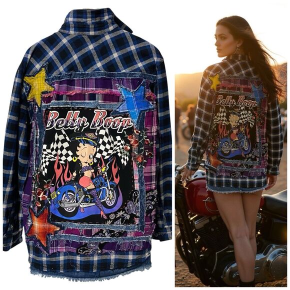 Upcycled Flannel Shirt Shacket Womens 1X Boop Motorcycle Grunge Patchwork Art - Picture 1 of 16